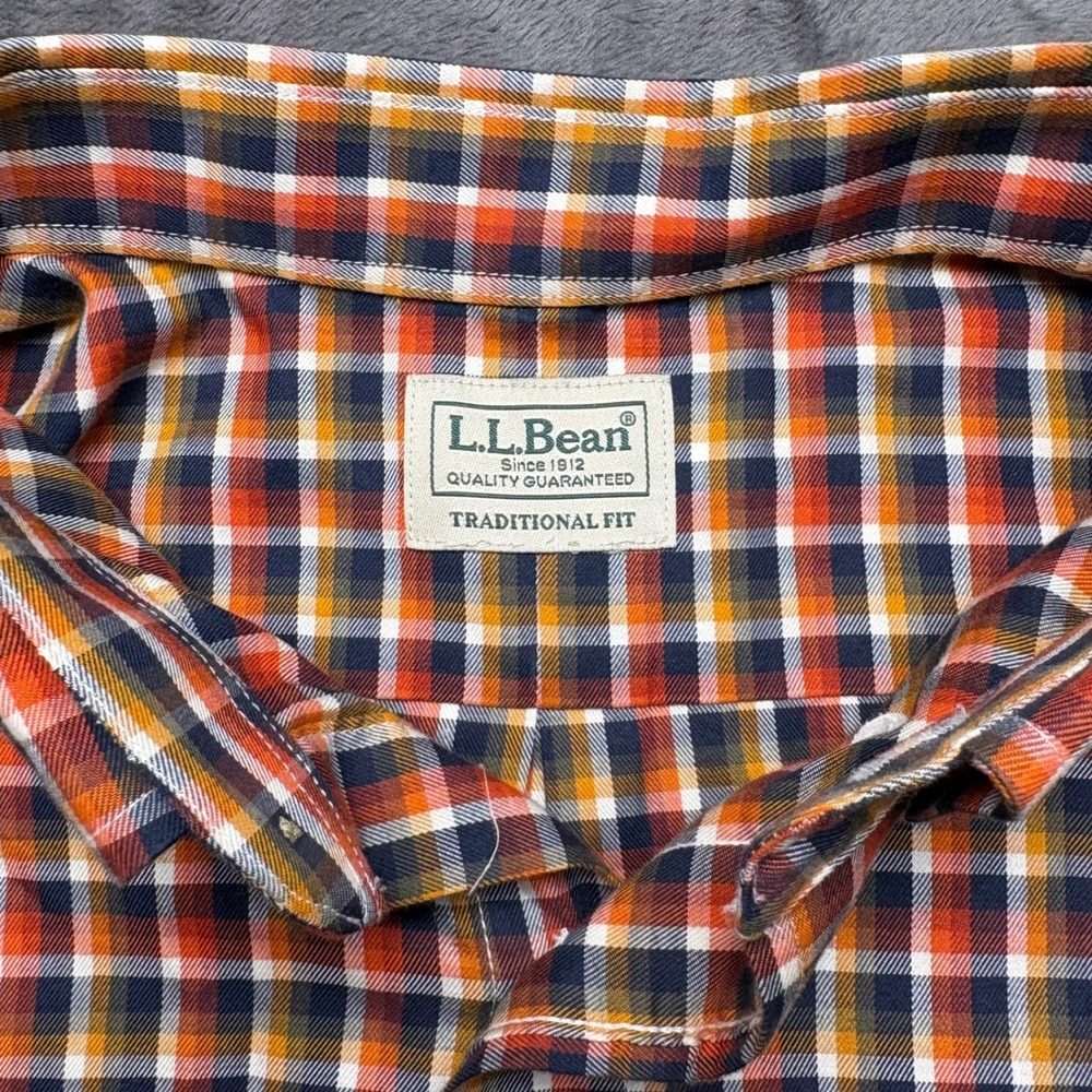 LL Bean Shirt Mens XL Orange Navy Plaid Cotton Traditional Fit Button Down - Picture 3 of 9